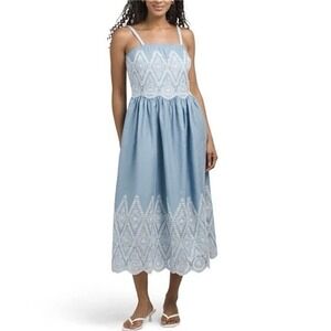 NWT $295 Elie Tahari Denim Blue Linen Scalloped Embroidered Midi Dress 8